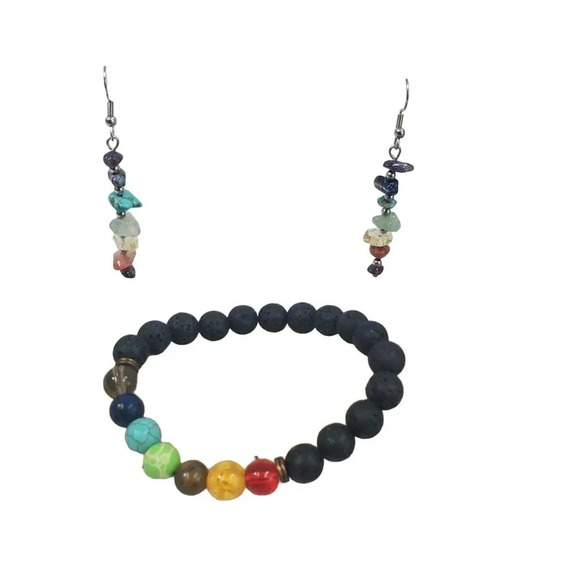 Beautiful Chakra Stones Earrings and Matching Black Lava Stone Chakra Bracelet. - Picture 2 of 9